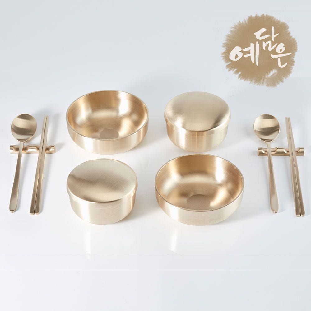 YEDAMUN Premium Bangjja Bronze Korean Tableware Set for Two – Handmade Traditional Yugi Brass Rice Bowl Soup Bowl Spoon Chopsticks | Korean Traditional Golden Cutlery Dinnerware _ Made in KOREA